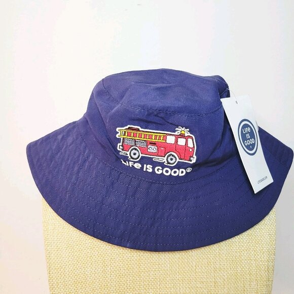 LIFE IS GOOD Embroidered Red Fire Truck Navy Bucket Sun Hat 6-12M - Picture 1 of 4